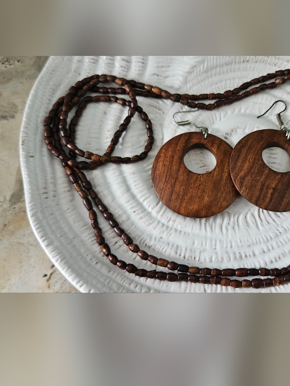 Handcrafted Wooden Hoop Earrings and Beaded Necklace - Brown